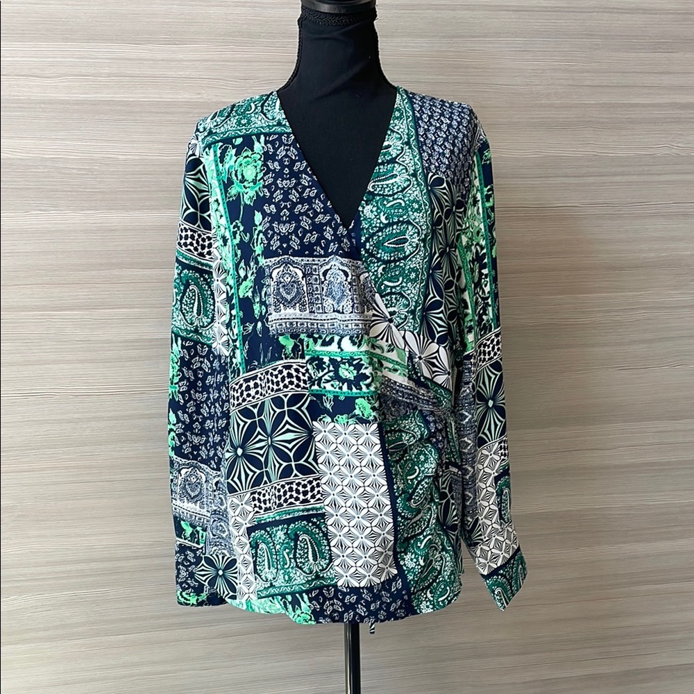 LOFT Wrap Patchwork, Navy Green Floral Paisley Top Long Sleeve - Large